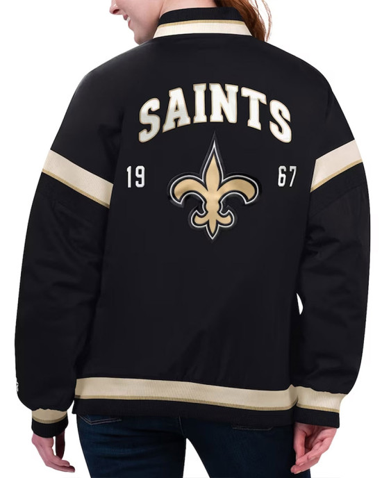 New Orleans Saints Tournament Black Varsity Jacket New Orleans Saints Tournament Black Varsity Jacket