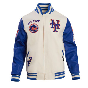 New York Mets Retro Classic Off White & Blue Varsity Jacket