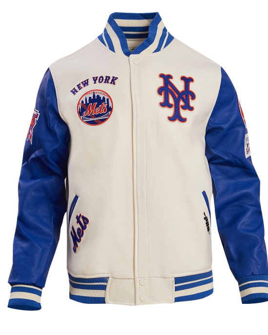 New York Mets Retro Classic Off White & Blue Varsity Jacket New York Mets Retro Classic Off White & Blue Varsity Jacket