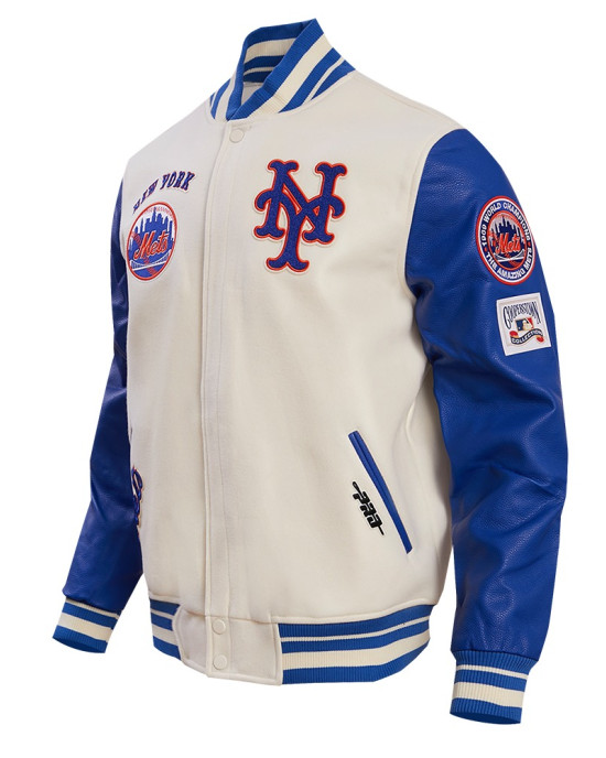 New York Mets Retro Classic Off White & Blue Varsity Jacket New York Mets Retro Classic Off White & Blue Varsity Jacket