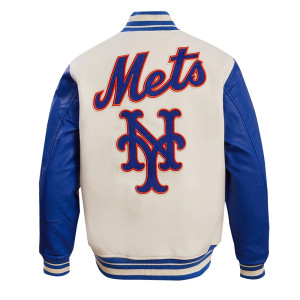New York Mets Retro Classic Off White & Blue Varsity Jacket