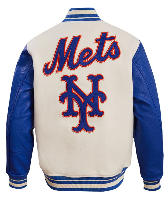 New York Mets Retro Classic Off White & Blue Varsity Jacket New York Mets Retro Classic Off White & Blue Varsity Jacket