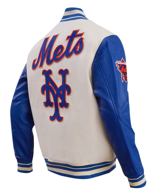 New York Mets Retro Classic Off White & Blue Varsity Jacket New York Mets Retro Classic Off White & Blue Varsity Jacket