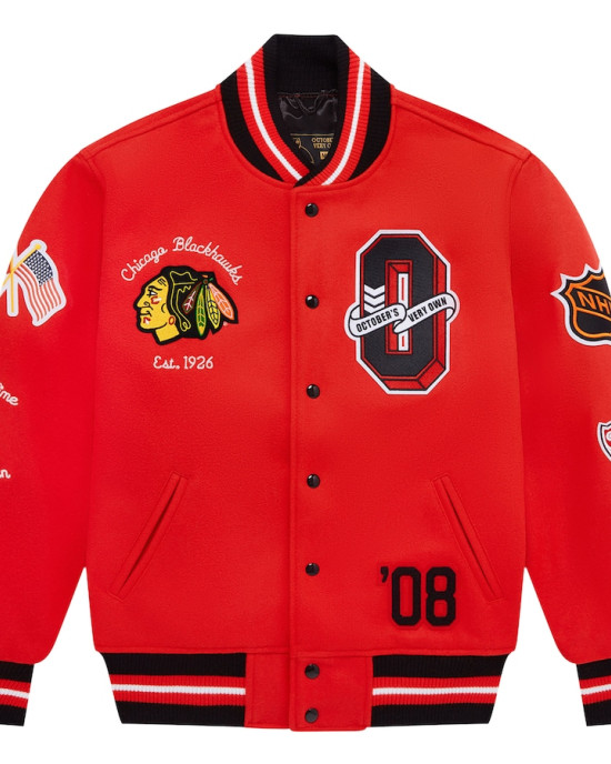 OVO Chicago Blackhawks Red Varsity Jacket OVO Chicago Blackhawks Red Varsity Jacket