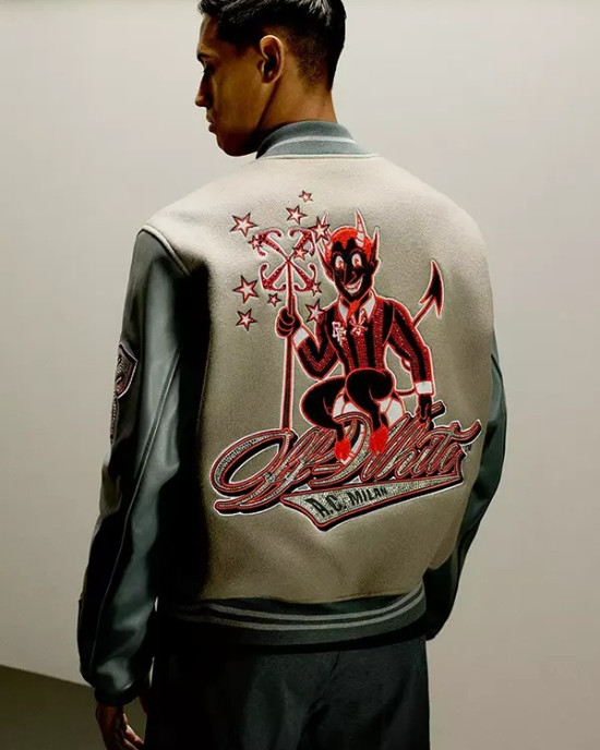 Off White Ac Milan Grey Wool Varsity Jacket Off White Ac Milan Grey Wool Varsity Jacket