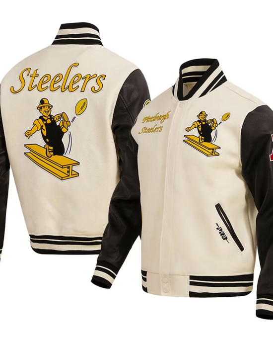 Pittsburgh Steelers Retro Classic Varsity Cream and Black Jacket Pittsburgh Steelers Retro Classic Varsity Cream and Black Jacket