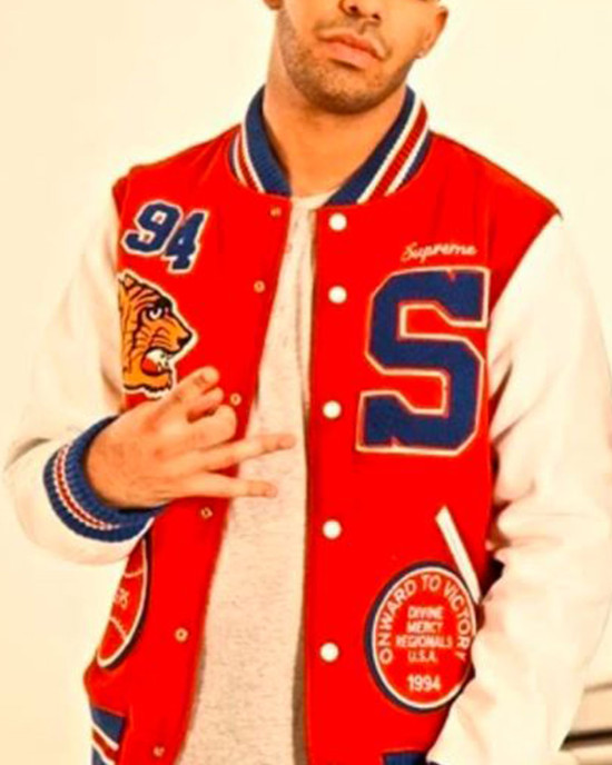 Playboi Carti Supreme Tiger Letterman Red and White Jacket Playboi Carti Supreme Tiger Letterman Red and White Jacket