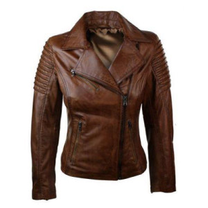 Real Slim Fit Waxed Brown Women Leather Biker Jacket