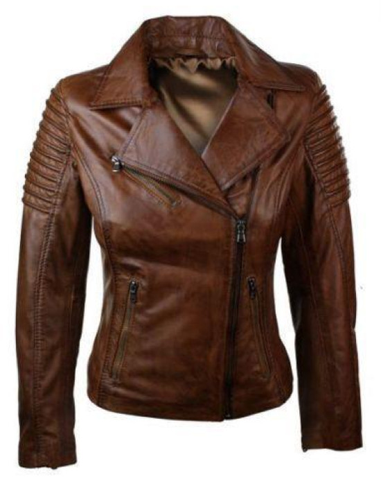 Real Slim Fit Waxed Brown Women Leather Biker Jacket Real Slim Fit Waxed Brown Women Leather Biker Jacket