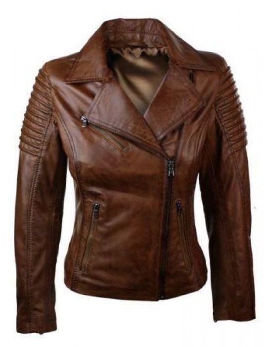 Real Slim Fit Waxed Brown Women Leather Biker Jacket