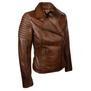 Real Slim Fit Waxed Brown Women Leather Biker Jacket