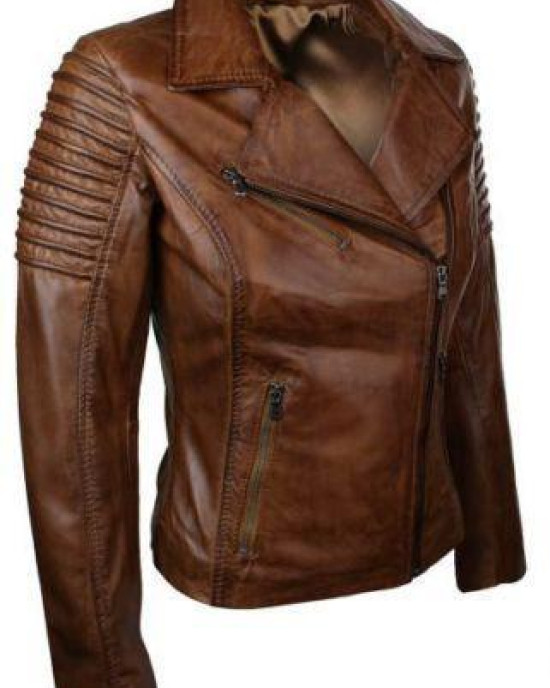 Real Slim Fit Waxed Brown Women Leather Biker Jacket Real Slim Fit Waxed Brown Women Leather Biker Jacket