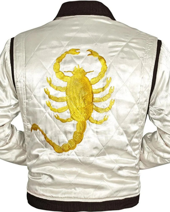 Ryan Gosling Drive Scorpion White Satin Lightweight Casual Bomber Varsity Sports Biker Drive Jacket Ryan Gosling Drive Scorpion White Satin Lightweight Casual Bomber Varsity Sports Biker Drive Jacket