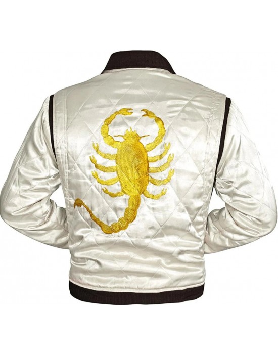 Ryan Gosling Drive Scorpion White Satin Lightweight Casual Bomber Varsity Sports Biker Drive Jacket