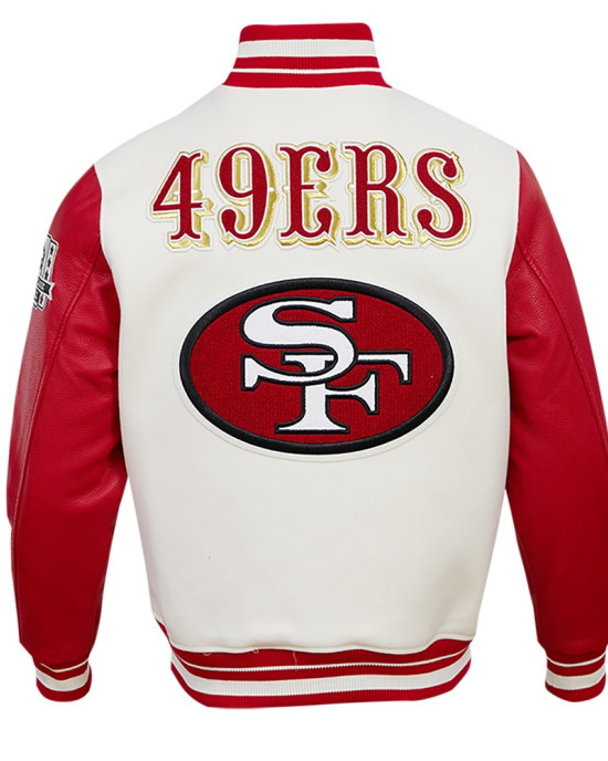 San Francisco 49ers Off White Wool And Red Leather Varsity Jacket San Francisco 49ers Off White Wool And Red Leather Varsity Jacket