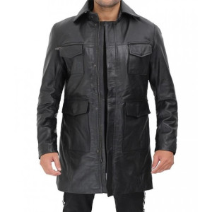 Shelby Mens Four Pocket Black Leather Shearling Lined Coat
