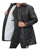 Shelby Mens Four Pocket Black Leather Shearling Lined Coat