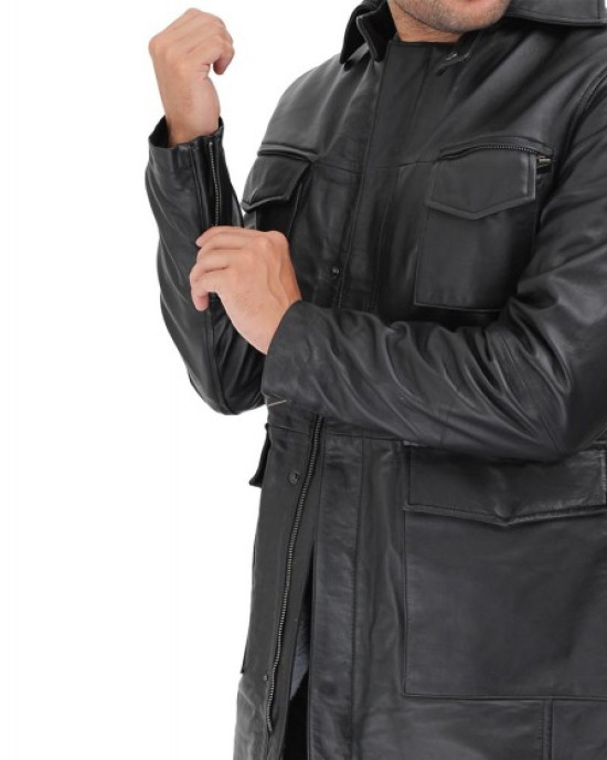 Shelby Mens Four Pocket Black Leather Shearling Lined Coat Shelby Mens Four Pocket Black Leather Shearling Lined Coat