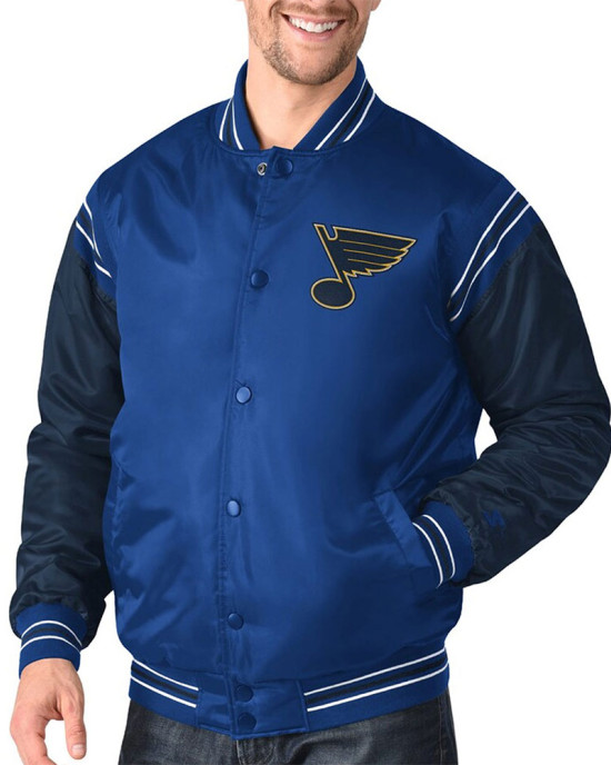 St. Louis Blues Enforcer Blue/Navy Varsity Satin Jacket St. Louis Blues Enforcer Blue/Navy Varsity Satin Jacket