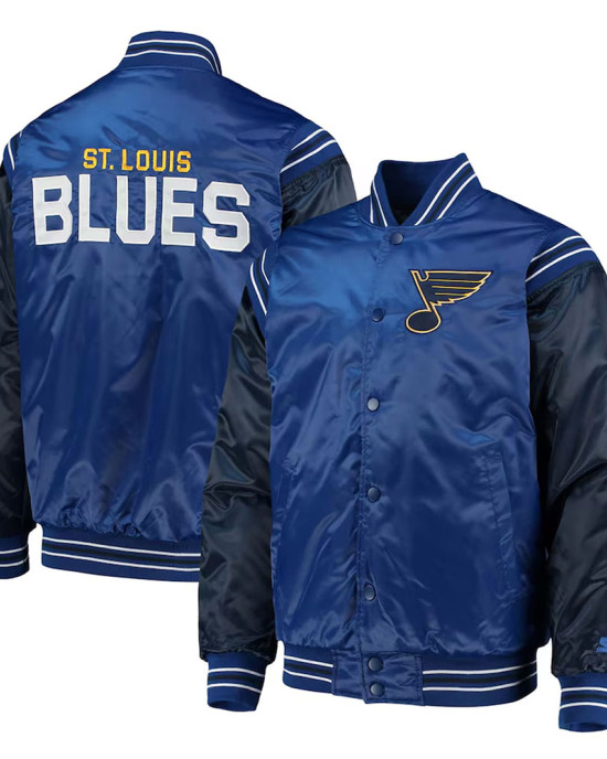 St. Louis Blues Enforcer Blue/Navy Varsity Satin Jacket St. Louis Blues Enforcer Blue/Navy Varsity Satin Jacket