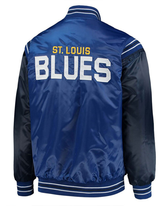 St. Louis Blues Enforcer Blue/Navy Varsity Satin Jacket St. Louis Blues Enforcer Blue/Navy Varsity Satin Jacket