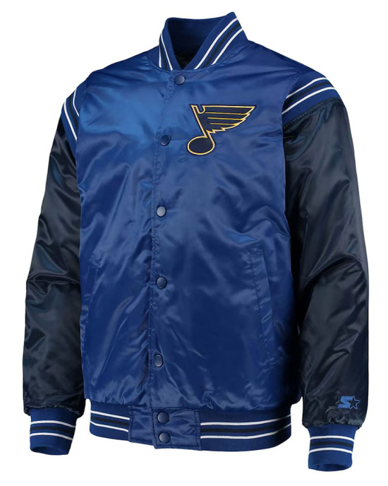 St. Louis Blues Enforcer Blue/Navy Varsity Satin Jacket St. Louis Blues Enforcer Blue/Navy Varsity Satin Jacket