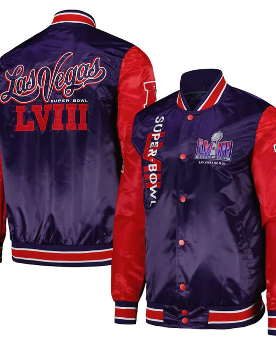 Super Bowl LVIII Purple and Red Varsity Satin Jacket Super Bowl LVIII Purple and Red Varsity Satin Jacket