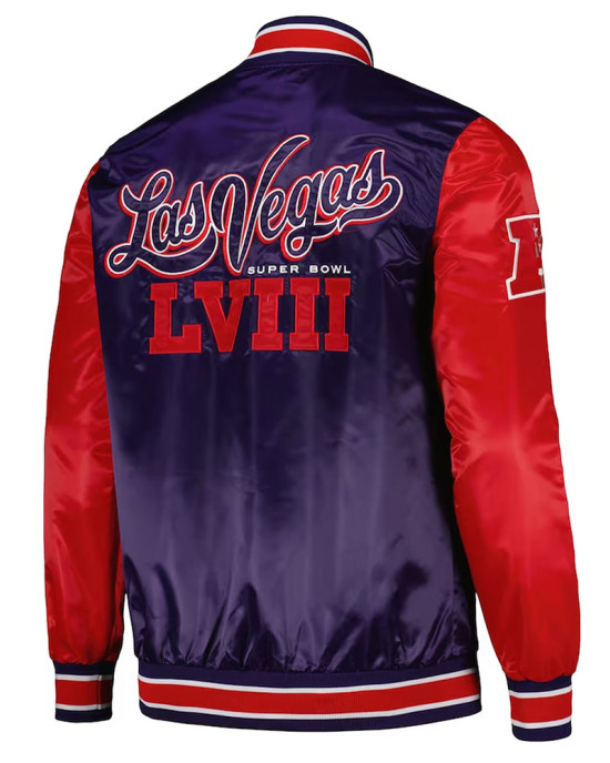 Super Bowl LVIII Purple and Red Varsity Satin Jacket Super Bowl LVIII Purple and Red Varsity Satin Jacket