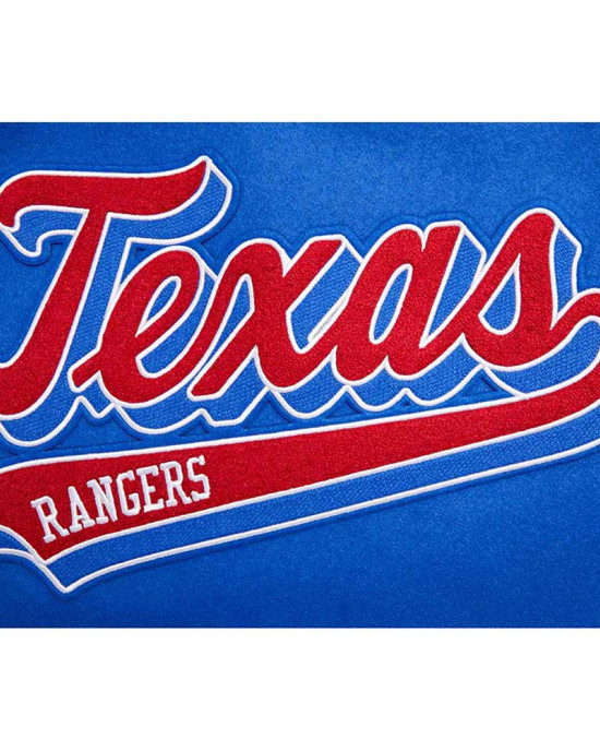 Texas Rangers Script Tail Classic Rib Varsity Jacket Texas Rangers Script Tail Classic Rib Varsity Jacket