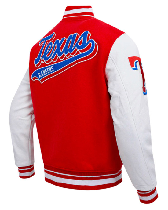Texas Rangers Script Tail Classic Rib Varsity Jacket Texas Rangers Script Tail Classic Rib Varsity Jacket