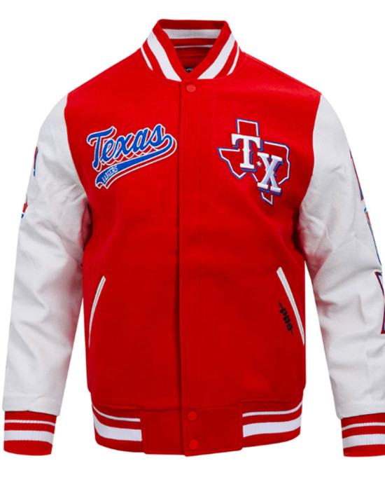 Texas Rangers Script Tail Classic Rib Varsity Jacket Texas Rangers Script Tail Classic Rib Varsity Jacket