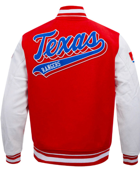 Texas Rangers Script Tail Classic Rib Varsity Jacket Texas Rangers Script Tail Classic Rib Varsity Jacket