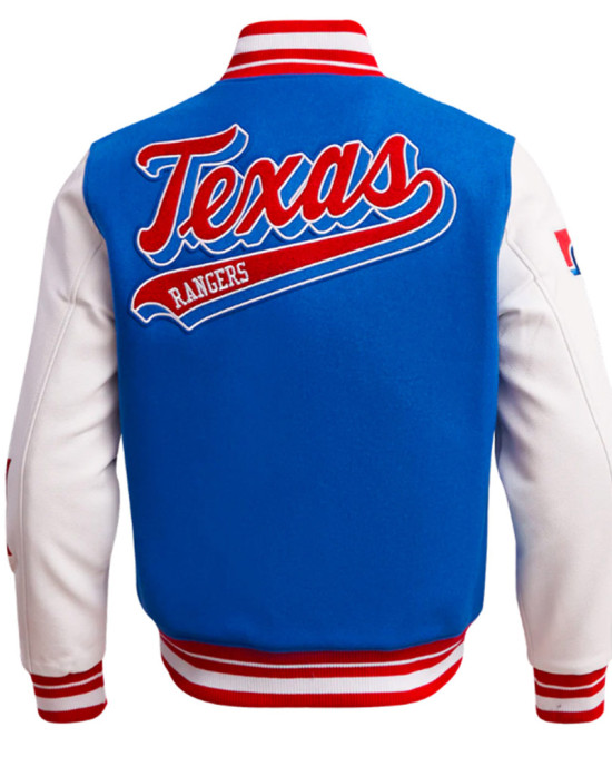 Texas Rangers Script Tail Classic Rib Varsity Jacket Texas Rangers Script Tail Classic Rib Varsity Jacket