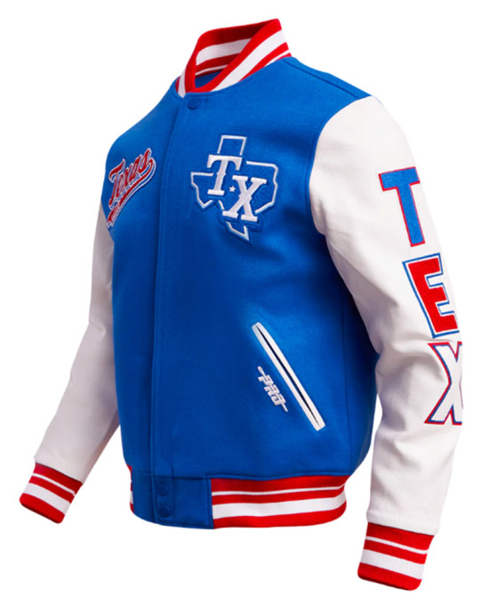 Texas Rangers Script Tail Classic Rib Varsity Jacket Texas Rangers Script Tail Classic Rib Varsity Jacket