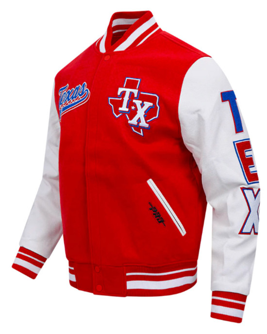 Texas Rangers Script Tail Classic Rib Varsity Jacket Texas Rangers Script Tail Classic Rib Varsity Jacket