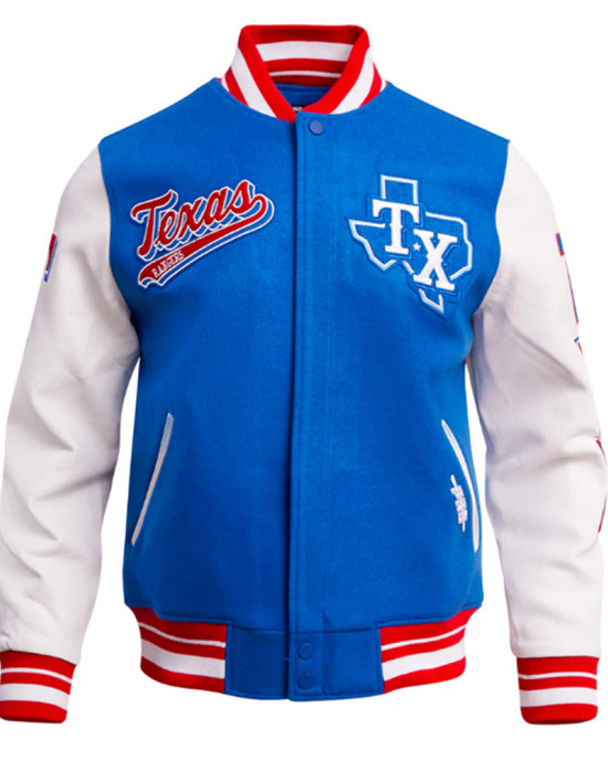 Texas Rangers Script Tail Classic Rib Varsity Jacket Texas Rangers Script Tail Classic Rib Varsity Jacket