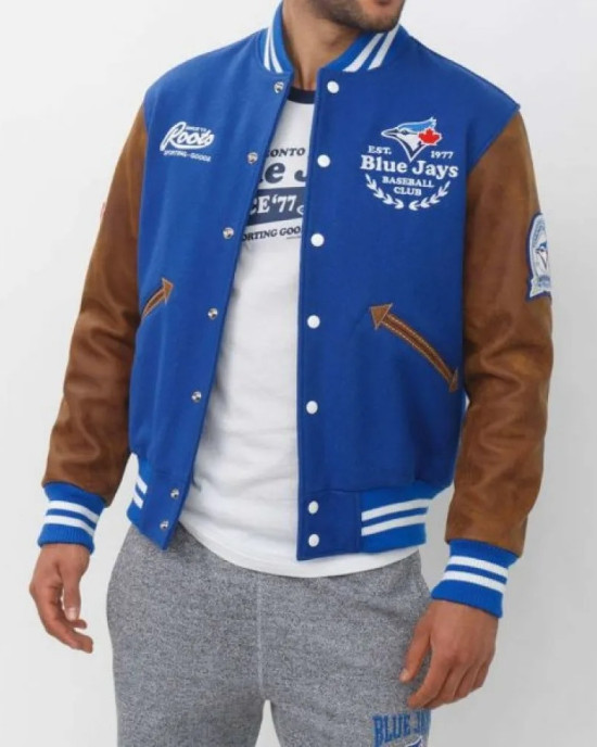 Toronto Blue Jays Varsity Blue and Brown Jacket Toronto Blue Jays Varsity Blue and Brown Jacket