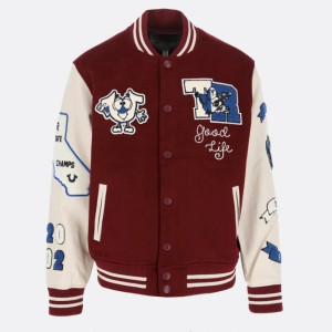 True Religion Maroon Wool And Leather Varsity Jacket