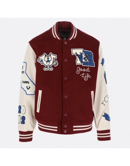 True Religion Maroon Wool And Leather Varsity Jacket