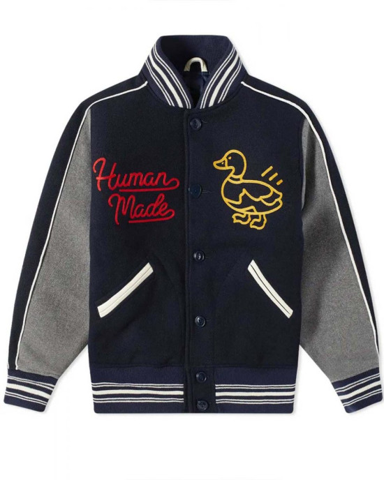 Varsity Human Made Duck Navy Blue and Grey Wool Jacket Varsity Human Made Duck Navy Blue and Grey Wool Jacket