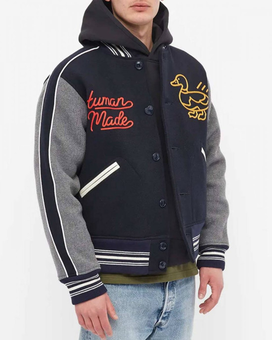 Varsity Human Made Duck Navy Blue and Grey Wool Jacket Varsity Human Made Duck Navy Blue and Grey Wool Jacket