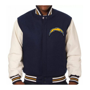 Varsity LA Chargers Navy and White Wool/Leather Jacket
