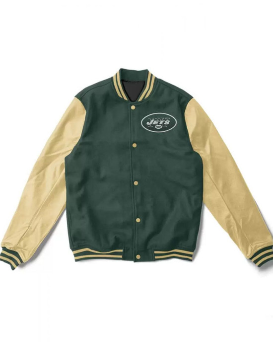 Varsity NY Jets Green and Cream Wool/Leather Jacket Varsity NY Jets Green and Cream Wool/Leather Jacket