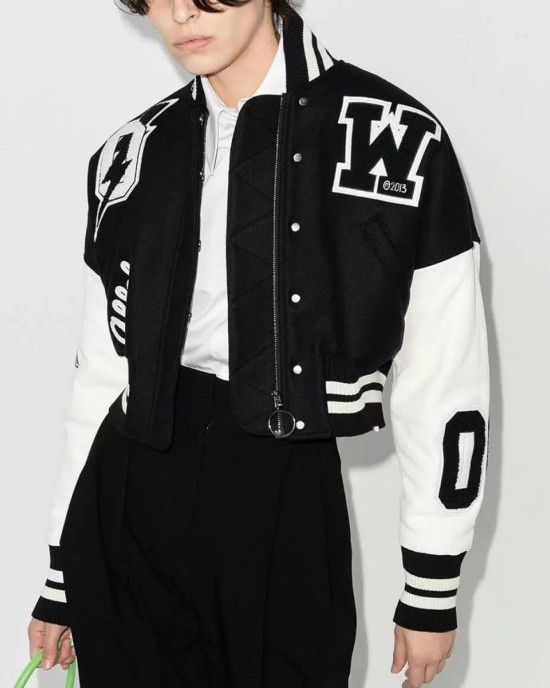 Varsity Off White Cropped Black and White Jacket Varsity Off White Cropped Black and White Jacket