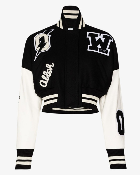 Varsity Off White Cropped Black and White Jacket Varsity Off White Cropped Black and White Jacket