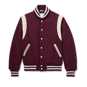 Virgin Leather Trimmed Wool Bomber Burgundy Teddy Jacket