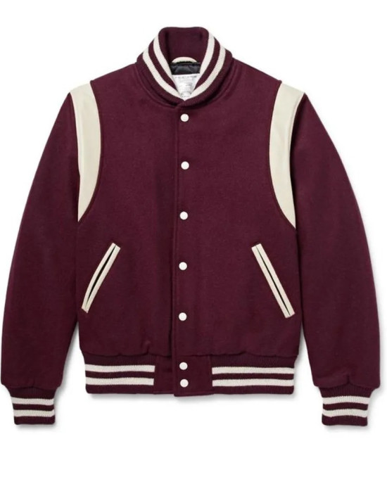 Virgin Leather Trimmed Wool Bomber Burgundy Teddy Jacket