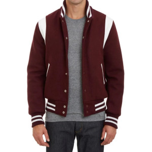 Virgin Leather Trimmed Wool Bomber Burgundy Teddy Jacket