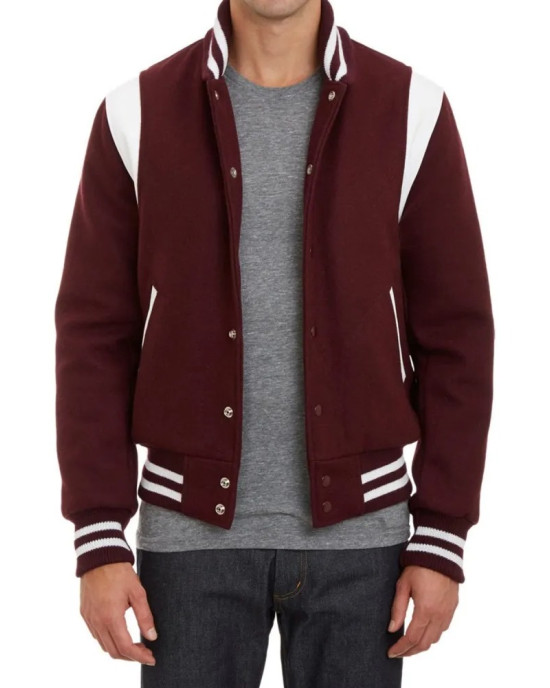 Virgin Leather Trimmed Wool Bomber Burgundy Teddy Jacket