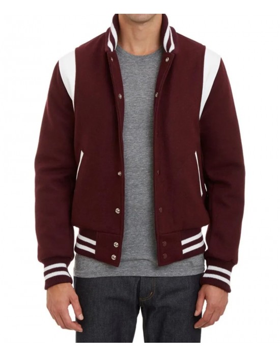 Virgin Leather Trimmed Wool Bomber Burgundy Teddy Jacket